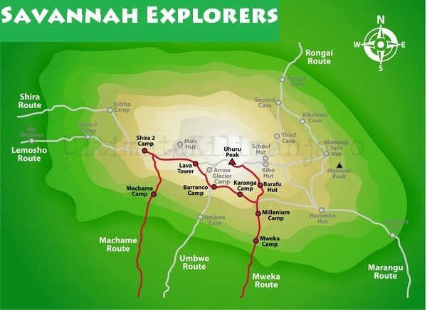 Machame Route map showing the path from Machame Gate to Uhuru Peak