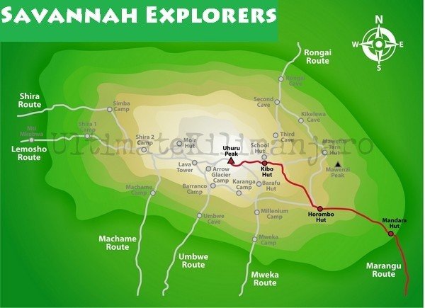 Marangu Route map showing the path from Marangu Gate to Uhuru Peak